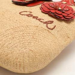 Coach Beige/Burnt Orange Raffia and Leather Buckle Flap Tote