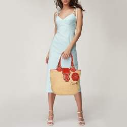 Coach Beige/Burnt Orange Raffia and Leather Buckle Flap Tote