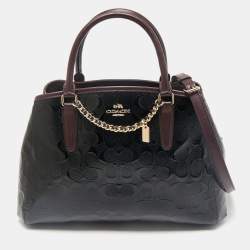 Coach Black/Burgundy Signature Embossed Patent Leather Margot Satchel