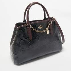 Coach Black/Burgundy Signature Embossed Patent Leather Margot Satchel