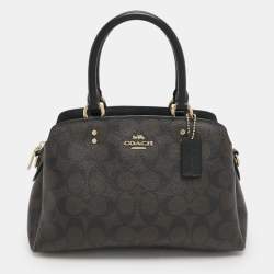 Coach Brown/Black Signature Coated Canvas and Leather Mini Lillie Carryall Satchel