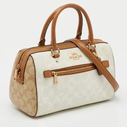 Pre Owned Coach Off White/Brown Signature Coated Canvas and Leather Rowan Boston Bag