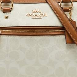 Pre Owned Coach Off White/Brown Signature Coated Canvas and Leather Rowan Boston Bag