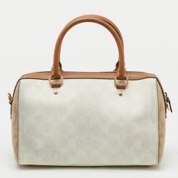 Pre Owned Coach Off White/Brown Signature Coated Canvas and Leather Rowan Boston Bag
