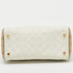 Pre Owned Coach Off White/Brown Signature Coated Canvas and Leather Rowan Boston Bag