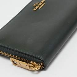 Coach Dark Green Leather Accordion Zip Around Wallet