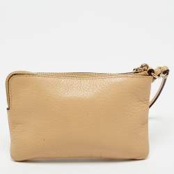 Coach Beige Leather Zip Wristlet Pouch