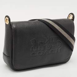 Coach Black Leather Logo Embossed Jes Flap Messenger Bag