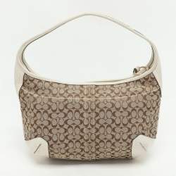 Pre Owned Coach Beige/White Signature Canvas and Leather Shoulder Bag
