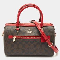 Coach Brown/Red Signature Coated Canvas and Leather Rowan Boston Satchel