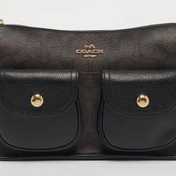 Pre Owned Coach Black/Brown Signature Coated Canvas and Leather Pennie Crossbody Bag