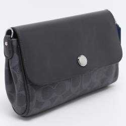 Pre Owned Coach Navy Blue Signature Coated Canvas and Leather Reversible Flap Crossbody Bag