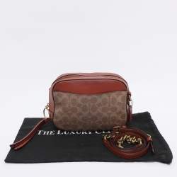 Pre Owned Coach Beige/Brown Signature Coated Canvas and Leather Camera Crossbody Bag