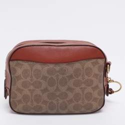 Pre Owned Coach Beige/Brown Signature Coated Canvas and Leather Camera Crossbody Bag
