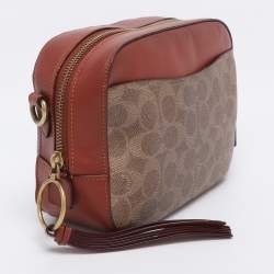 Pre Owned Coach Beige/Brown Signature Coated Canvas and Leather Camera Crossbody Bag