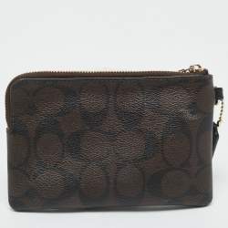 Pre Owned Coach Brown/Black Signature Coated Canvas and Leather Corner Zip Wristlet
