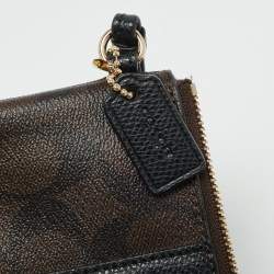 Pre Owned Coach Brown/Black Signature Coated Canvas and Leather Corner Zip Wristlet