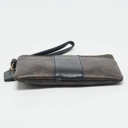 Pre Owned Coach Brown/Black Signature Coated Canvas and Leather Corner Zip Wristlet