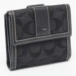 Pre Owned Coach Black Signature Canvas and Leather Flap Compact Wallet