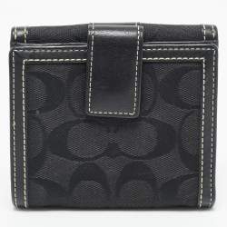 Pre Owned Coach Black Signature Canvas and Leather Flap Compact Wallet