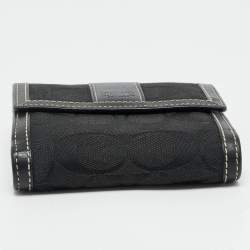 Pre Owned Coach Black Signature Canvas and Leather Flap Compact Wallet