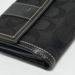 Pre Owned Coach Black Signature Canvas and Leather Flap Compact Wallet