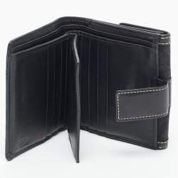 Pre Owned Coach Black Signature Canvas and Leather Flap Compact Wallet