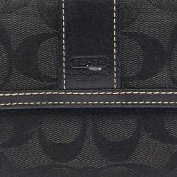 Pre Owned Coach Black Signature Canvas and Leather Flap Compact Wallet