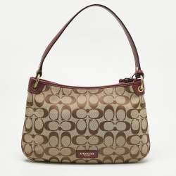 Pre Owned Coach Burgundy/Beige Signature Canvas Tassel Shoulder Bag