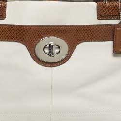 Pre Owned Coach White/Brown Leather and Snake Effect Suede Penelope Tote