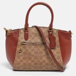 Pre Owned Coach Brown/Beige Signature Coated Canvas and Leather Elise Satchel