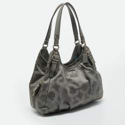 Pre Owned Coach Grey Signature Satin and Leather Madison Maggie Hobo