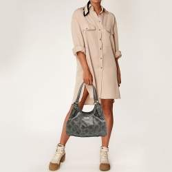 Pre Owned Coach Grey Signature Satin and Leather Madison Maggie Hobo