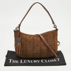 Pre Owned Coach Brown Suede Studded Chelsea Crossbody Bag
