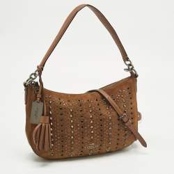 Pre Owned Coach Brown Suede Studded Chelsea Crossbody Bag