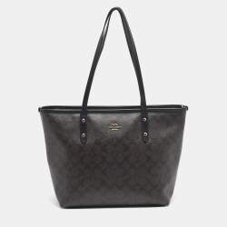 Pre Owned Coach Black/Dark Brown Signature Coated Canvas and Leather City Zip Tote