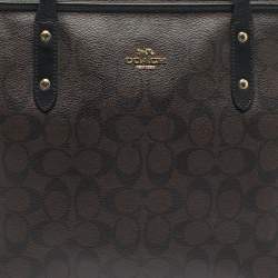Pre Owned Coach Black/Dark Brown Signature Coated Canvas and Leather City Zip Tote