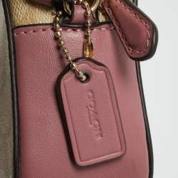 Pre Owned Coach Pink/Beige Signature Coated Canvas and Leather Mini Camera Crossbody Bag