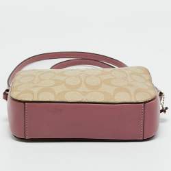 Pre Owned Coach Pink/Beige Signature Coated Canvas and Leather Mini Camera Crossbody Bag