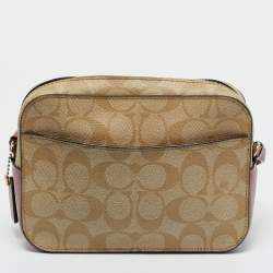 Pre Owned Coach Pink/Beige Signature Coated Canvas and Leather Mini Camera Crossbody Bag
