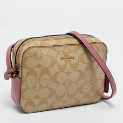Pre Owned Coach Pink/Beige Signature Coated Canvas and Leather Mini Camera Crossbody Bag