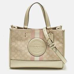 Pre Owned Coach Pale Gold/Beige Signature Jacquard Canvas Dempsey 30 Carryall Tote