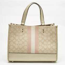 Pre Owned Coach Pale Gold/Beige Signature Jacquard Canvas Dempsey 30 Carryall Tote