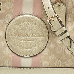 Pre Owned Coach Pale Gold/Beige Signature Jacquard Canvas Dempsey 30 Carryall Tote