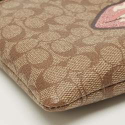 Pre Owned Coach Beige Signature Coated Canvas Lip Corner Wristlet Pouch