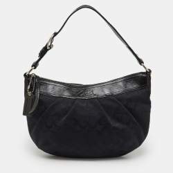 Pre Owned Coach Black Signature Canvas and Patent Leather Pleated Hobo