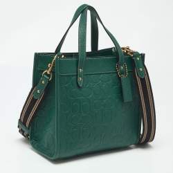 Pre Owned Coach Green Signature Embossed Leather Field Tote