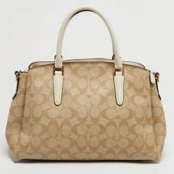 Pre Owned Coach Beige Signature Coated Canvas and Leather Sage Carryall Satchel