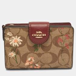 Pre Owned Coach Beige/Red Signature Coated Canvas and Leather Floral Corner Zip Compact Wallet