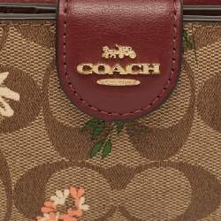 Pre Owned Coach Beige/Red Signature Coated Canvas and Leather Floral Corner Zip Compact Wallet